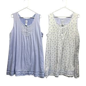 Set of 2 Aria Blue Floral Sleeveless Cotton Knit Nightgowns 2X